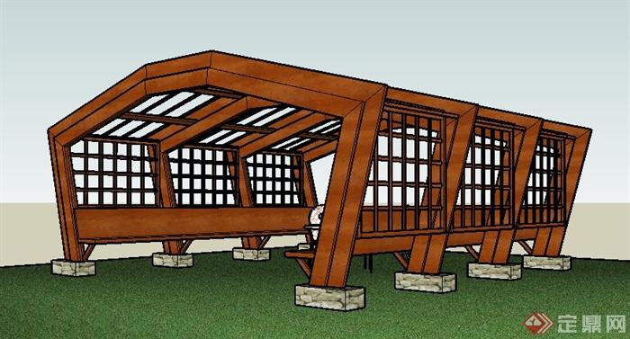 中式木廊架及桌椅组合su模型(1)