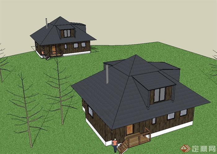 现代风格详细小木屋别墅建筑设计su模型(2)