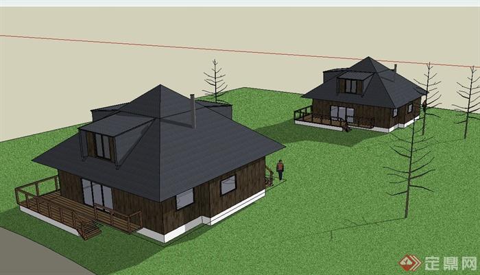 现代风格详细小木屋别墅建筑设计su模型(3)