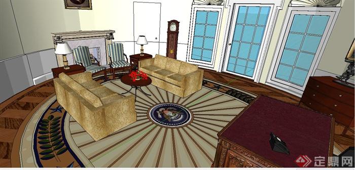 欧式风格椭圆形办公室室内设计su模型(4)