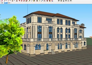欧式大独栋别墅会所单体SU(草图大师)模型（附CAD建筑平、剖面图）