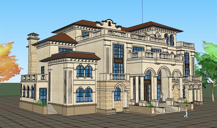 欧式大独栋别墅会所ＳＵ单体模型（附CAD建筑平、剖面图）(3)