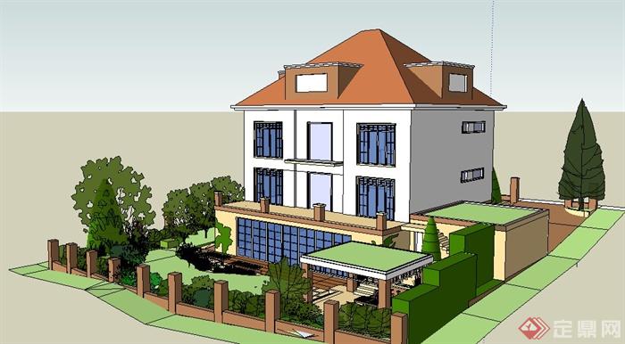 现代住宅别墅建筑及庭院su模型(1)