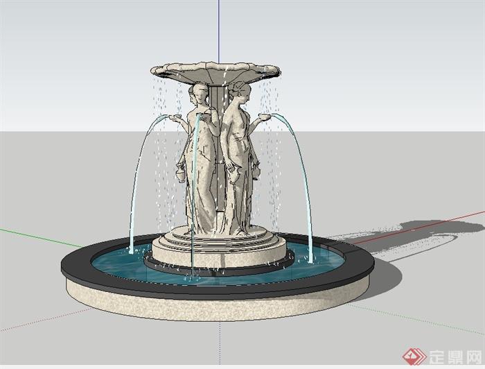 欧式风格人物雕塑喷泉水池景观设计su模型(1)