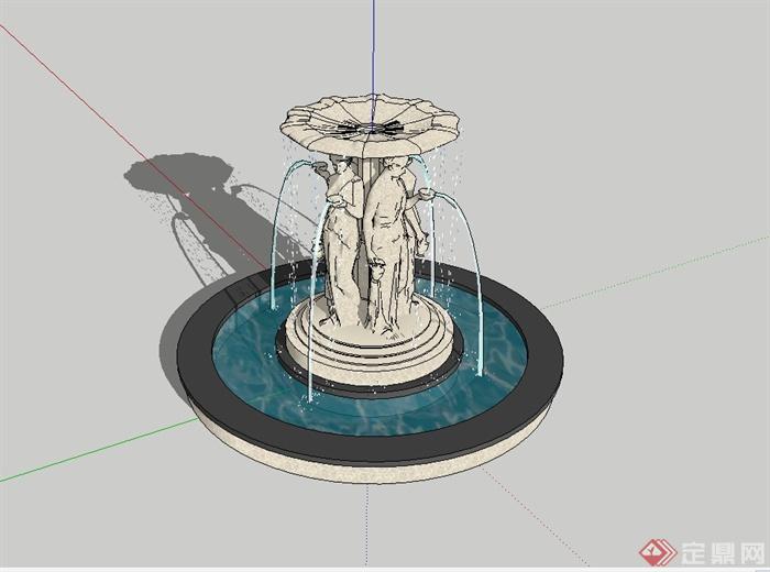 欧式风格人物雕塑喷泉水池景观设计su模型(2)