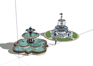 欧式风格两个喷泉水钵水景设计SU(草图大师)模型