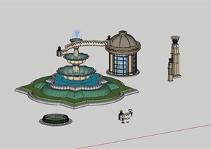 欧式风格详细水钵水景、亭子、景观柱、围栏设计SU(草图大师)模型