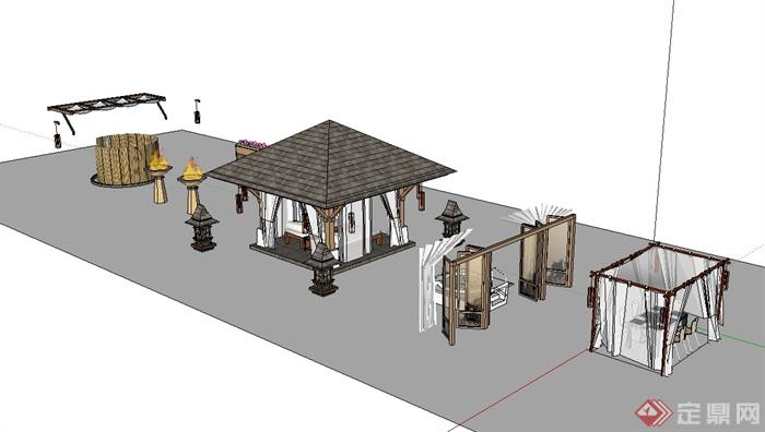 东南亚风格庭院凉亭、廊架、灯塔设计su模型(3)