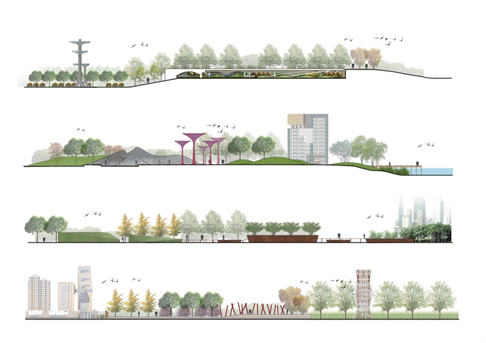 现代大型公园生态城立面图PSD方案