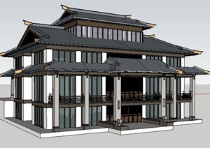经典中式风格售楼处建筑设计SU(草图大师)精细模型