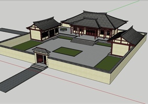 古典中式风格庙台单层建筑设计SU(草图大师)模型