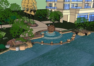 某欧式风格住宅小区水池水景设计SU(草图大师)模型