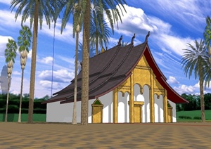 某东南亚风格详细的居住单层建筑设计SU(草图大师)模型