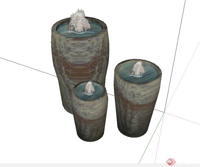 现代风格详细喷泉水钵柱设计su模型(2)
