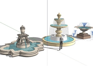 三个欧式风格水钵喷泉水景设计SU(草图大师)模型