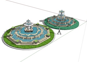 两个欧式风格水钵详细水景设计SU(草图大师)模型