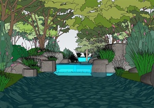 现代风格完整的溪流景观设计SU(草图大师)模型
