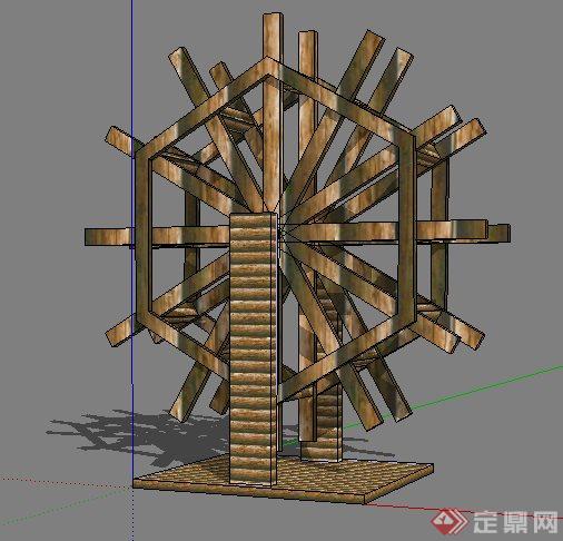 景观木质水车素材su模型(1)