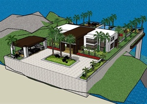 现代风格详细别墅简单及庭院花园设计SU(草图大师)模型