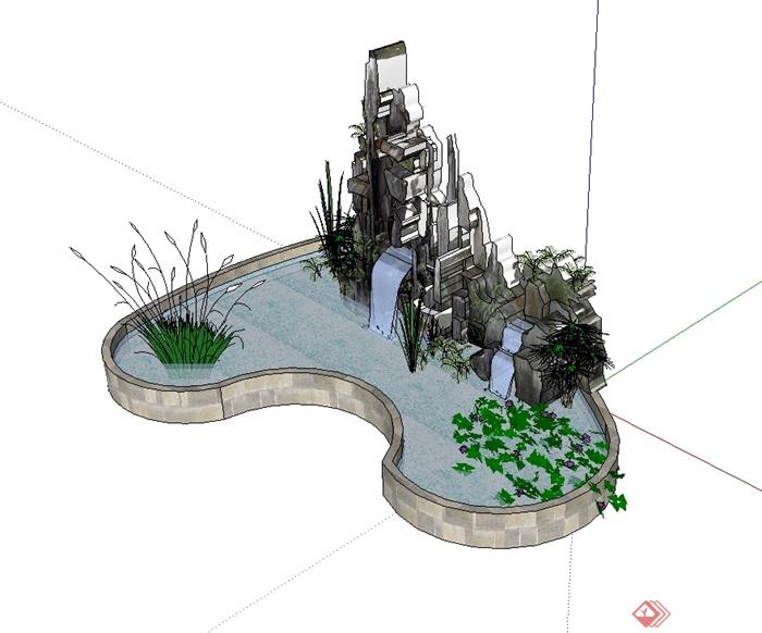 现代风格详细完整的假山水池景观设计su模型(1)