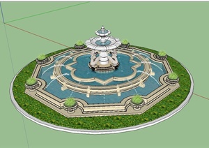 某欧式风格详细喷泉水池水景设计SU(草图大师)模型