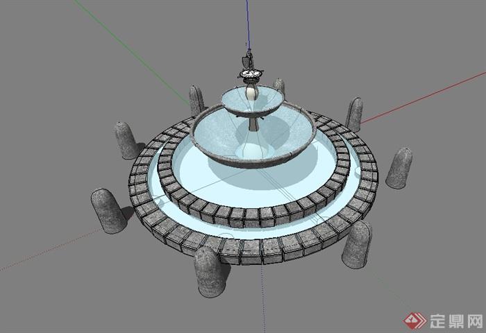 现代风格详细独特的雕塑水池水景设计su模型(1)