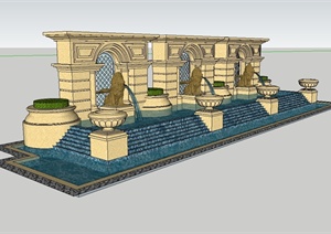欧式风格详细完整的喷泉水池景观SU(草图大师)模型