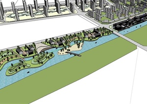 现代中式风格湖滨公园景观及建筑设计SU(草图大师)模型