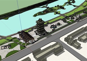 古典中式风格滨水公园景观设计SU(草图大师)模型