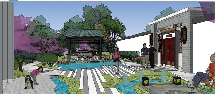 新中式别墅庭院小游园景观方案SU模型（附CAD平面图）(1)