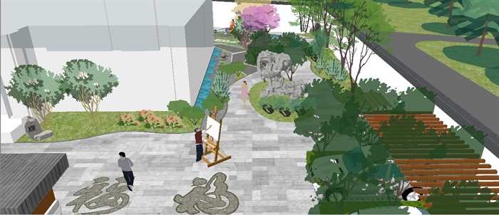 新中式别墅庭院小游园景观方案SU模型（附CAD平面图）(4)