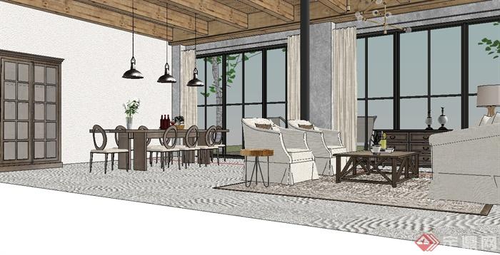 现代风格LOFT客厅餐厅空间设计su模型(3)