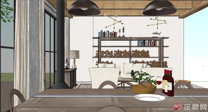 现代风格LOFT客厅餐厅空间设计su模型(2)
