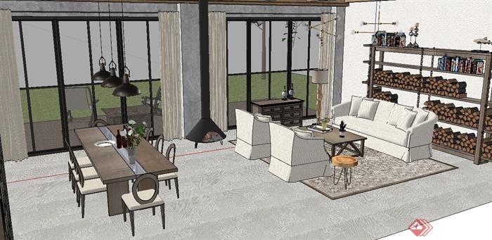 现代风格LOFT客厅餐厅空间设计su模型(4)