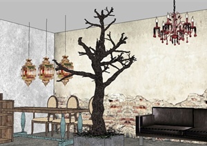 现代中式风格详细餐饮空间组合设计SU(草图大师)模型