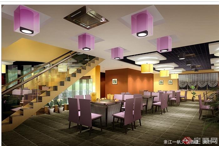 现代双层火锅酒楼室内空间设计cad施工图及效果图(4)