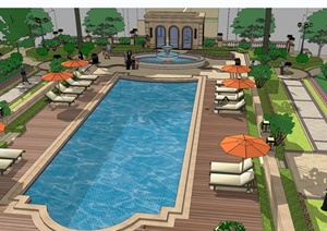 简欧风格详细住宅小区游泳池景观设计SU(草图大师)模型