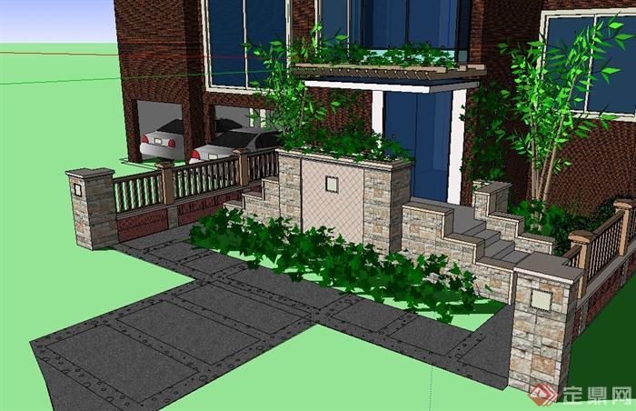 现代住宅楼前简单的庭院花园设计su模型(2)