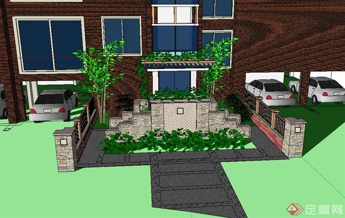 现代住宅楼前简单的庭院花园设计su模型(3)