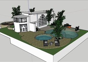 现代风格别墅住宅及庭院花园设计SU(草图大师)模型