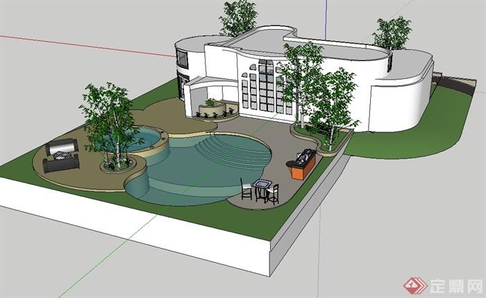 现代风格别墅住宅及庭院花园设计su模型(2)