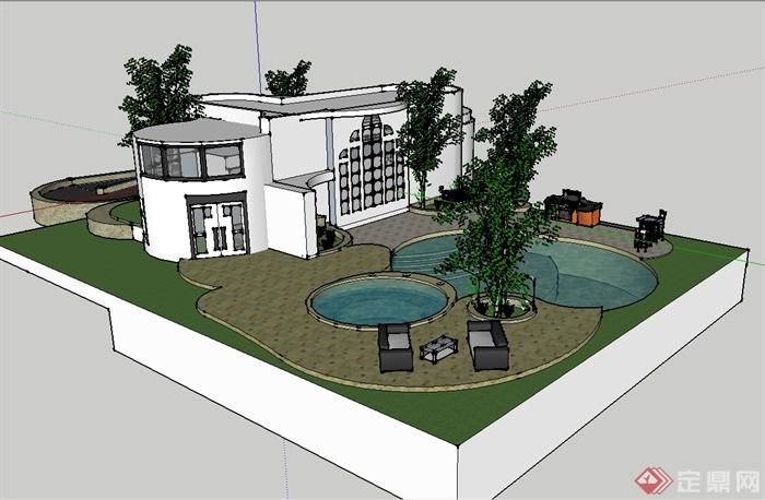 现代风格别墅住宅及庭院花园设计su模型(1)