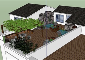 现代中式风格无法庭院花园设计SU(草图大师)模型