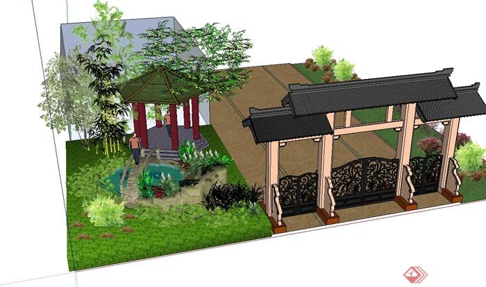 古典中式风格小型庭院花园设计su模型(1)