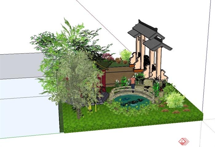 古典中式风格小型庭院花园设计su模型(2)
