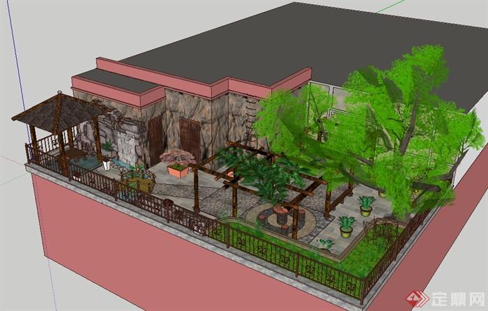 现代风格住宅屋顶庭院花园设计su模型(2)