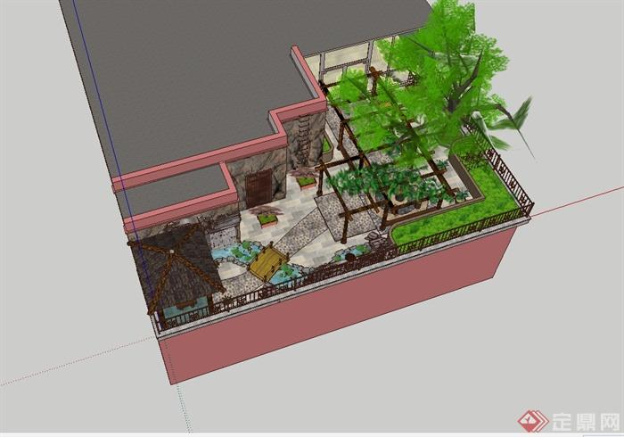 现代风格住宅屋顶庭院花园设计su模型(3)