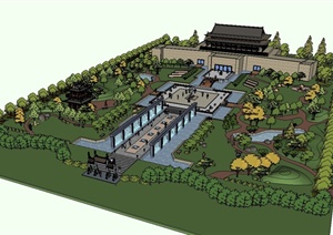 古典中式风格详细的博物馆建筑及景观设计SU(草图大师)模型