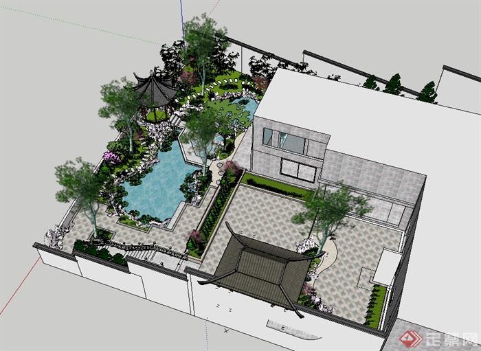 古典中式風格別墅庭院花園設計su模型[原創]