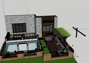 现代中式风格屋顶庭院花园设计SU(草图大师)模型